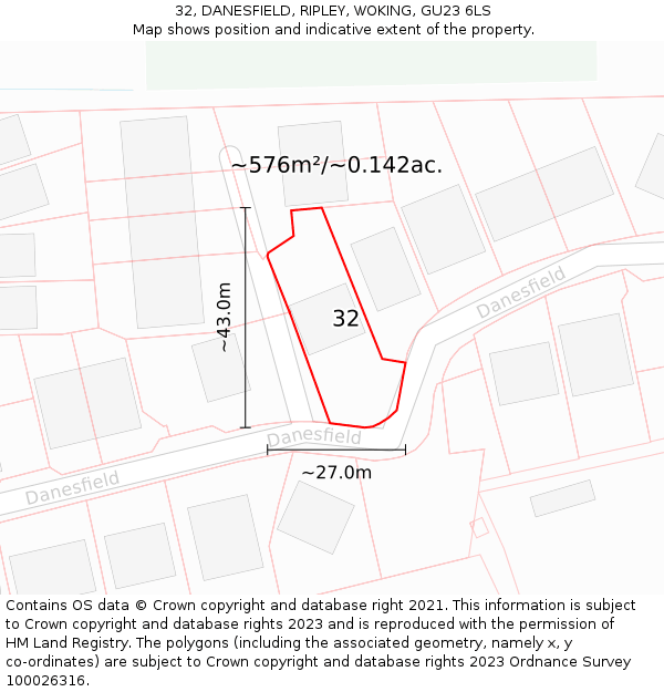 32, DANESFIELD, RIPLEY, WOKING, GU23 6LS: Plot and title map