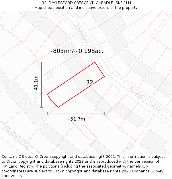 32, DAYLESFORD CRESCENT, CHEADLE, SK8 1LH: Plot and title map