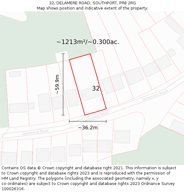 32, DELAMERE ROAD, SOUTHPORT, PR8 2RG: Plot and title map