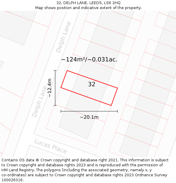 32, DELPH LANE, LEEDS, LS6 2HQ: Plot and title map