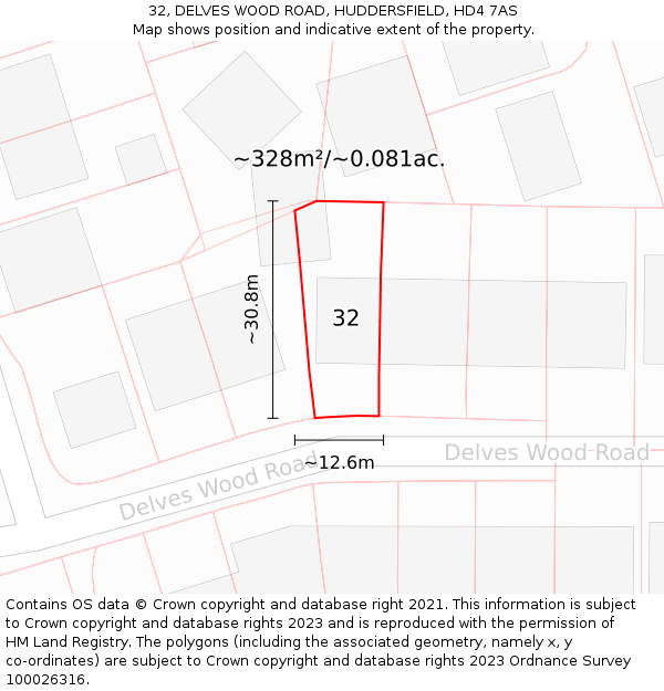 32, DELVES WOOD ROAD, HUDDERSFIELD, HD4 7AS: Plot and title map