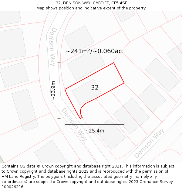 32, DENISON WAY, CARDIFF, CF5 4SF: Plot and title map