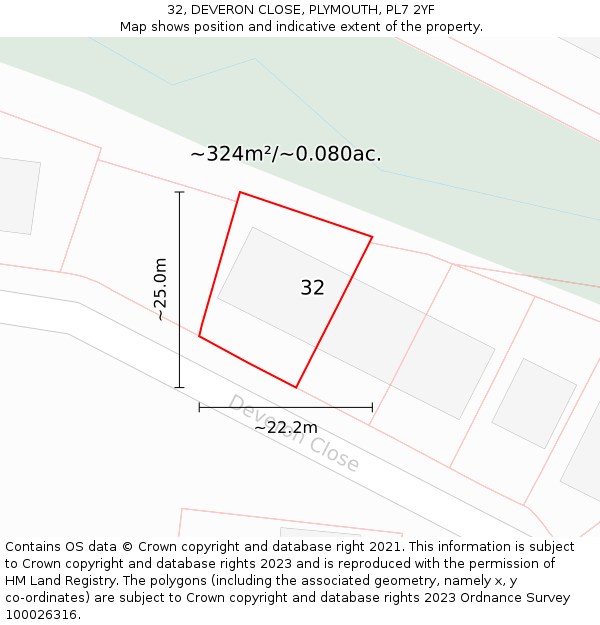 32, DEVERON CLOSE, PLYMOUTH, PL7 2YF: Plot and title map