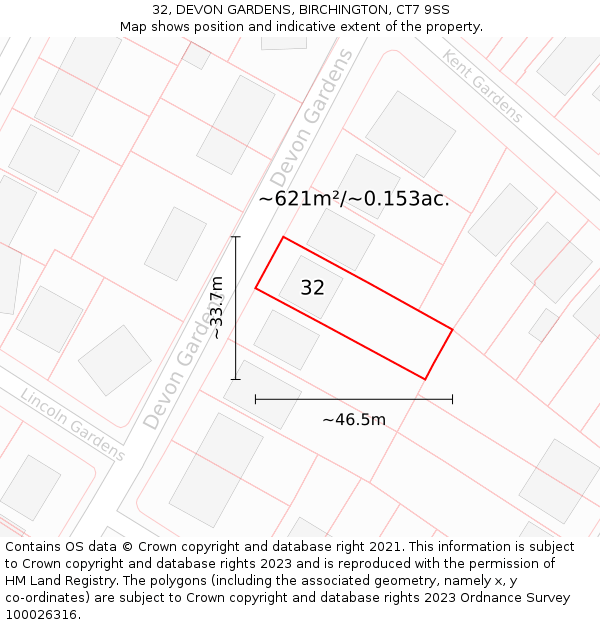 32, DEVON GARDENS, BIRCHINGTON, CT7 9SS: Plot and title map