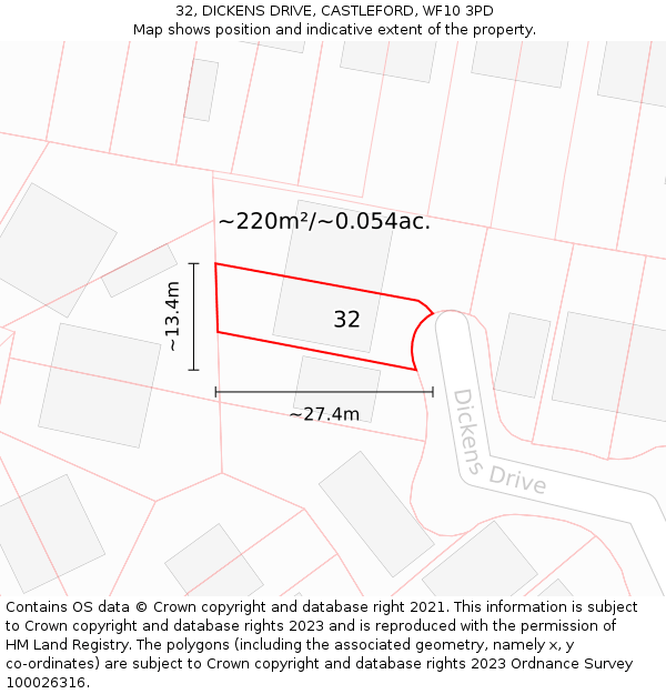 32, DICKENS DRIVE, CASTLEFORD, WF10 3PD: Plot and title map