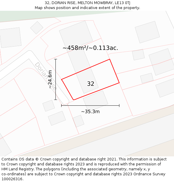 32, DORIAN RISE, MELTON MOWBRAY, LE13 0TJ: Plot and title map