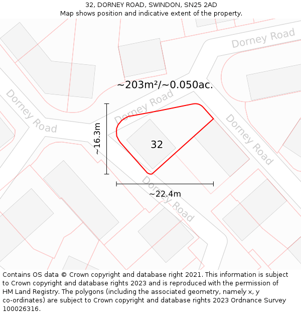 32, DORNEY ROAD, SWINDON, SN25 2AD: Plot and title map
