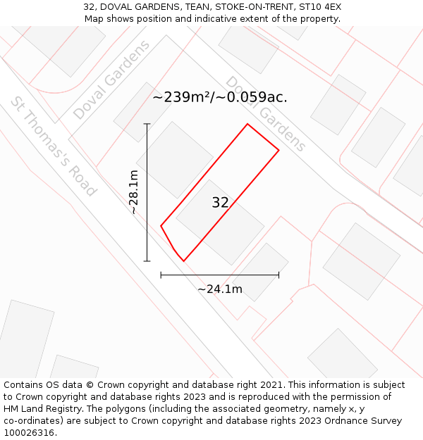 32, DOVAL GARDENS, TEAN, STOKE-ON-TRENT, ST10 4EX: Plot and title map