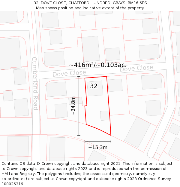 32, DOVE CLOSE, CHAFFORD HUNDRED, GRAYS, RM16 6ES: Plot and title map