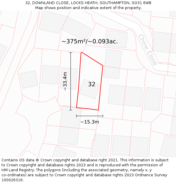 32, DOWNLAND CLOSE, LOCKS HEATH, SOUTHAMPTON, SO31 6WB: Plot and title map