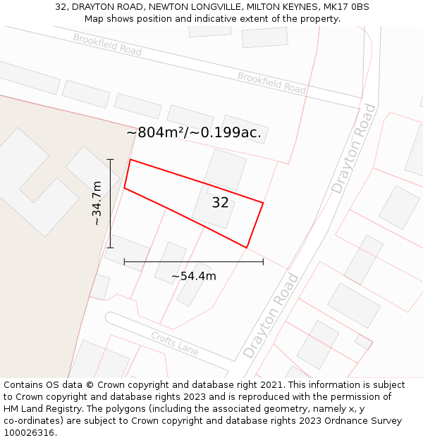 32, DRAYTON ROAD, NEWTON LONGVILLE, MILTON KEYNES, MK17 0BS: Plot and title map