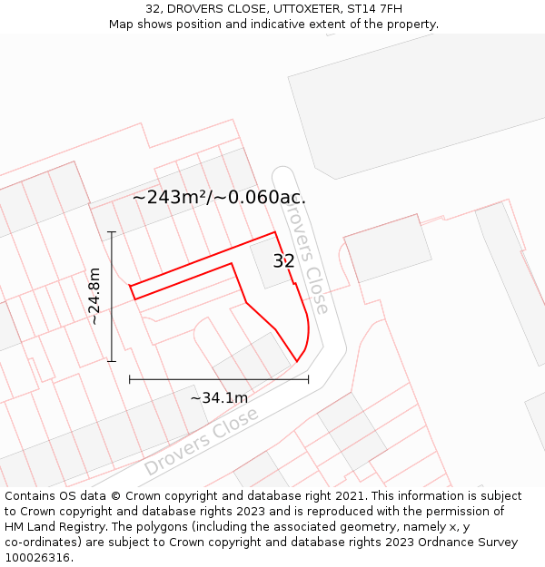 32, DROVERS CLOSE, UTTOXETER, ST14 7FH: Plot and title map