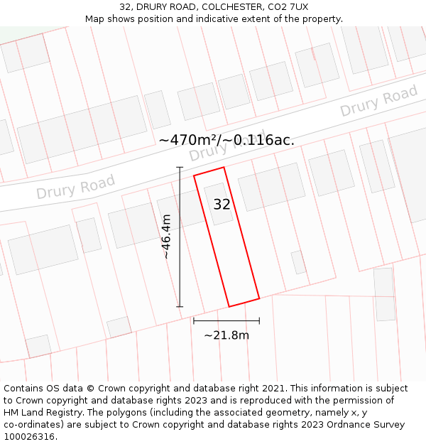 32, DRURY ROAD, COLCHESTER, CO2 7UX: Plot and title map