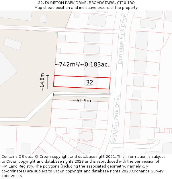 32, DUMPTON PARK DRIVE, BROADSTAIRS, CT10 1RQ: Plot and title map