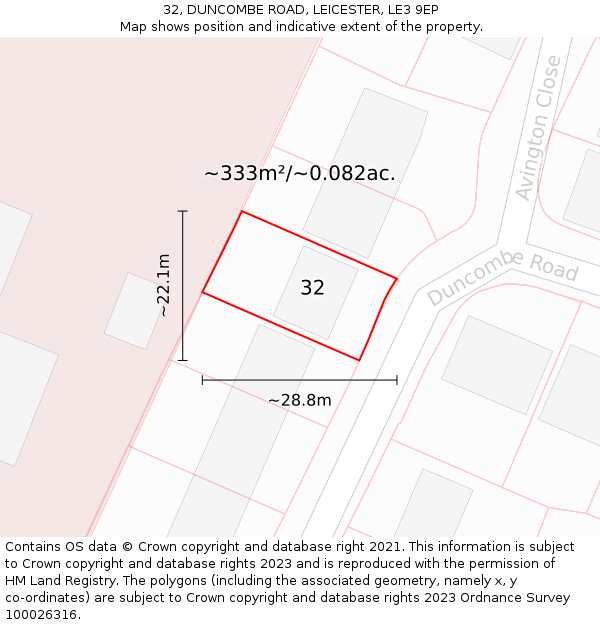 32, DUNCOMBE ROAD, LEICESTER, LE3 9EP: Plot and title map