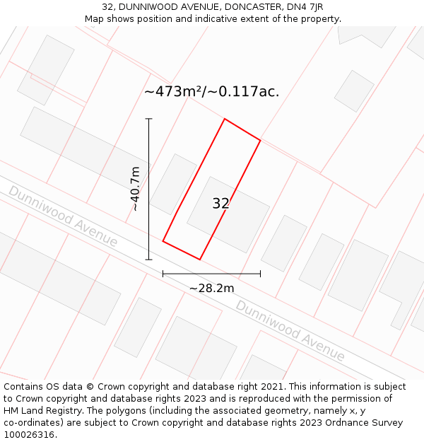 32, DUNNIWOOD AVENUE, DONCASTER, DN4 7JR: Plot and title map