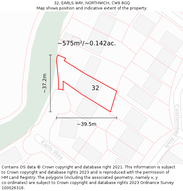 32, EARLS WAY, NORTHWICH, CW9 8GQ: Plot and title map