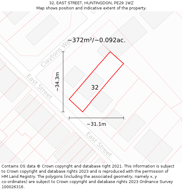 32, EAST STREET, HUNTINGDON, PE29 1WZ: Plot and title map