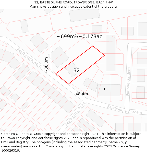 32, EASTBOURNE ROAD, TROWBRIDGE, BA14 7HW: Plot and title map