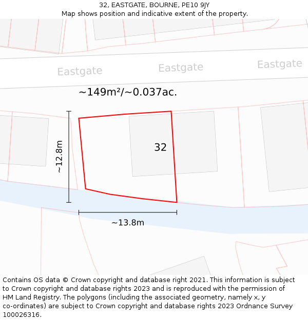 32, EASTGATE, BOURNE, PE10 9JY: Plot and title map