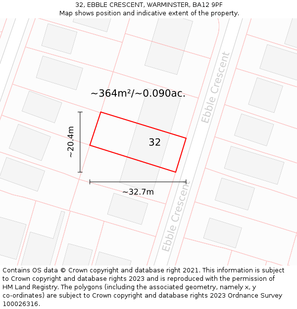 32, EBBLE CRESCENT, WARMINSTER, BA12 9PF: Plot and title map