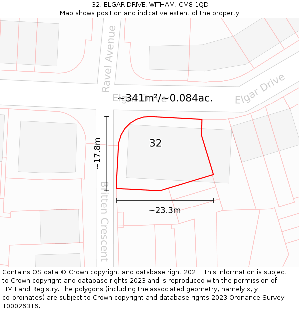 32, ELGAR DRIVE, WITHAM, CM8 1QD: Plot and title map