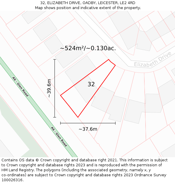 32, ELIZABETH DRIVE, OADBY, LEICESTER, LE2 4RD: Plot and title map