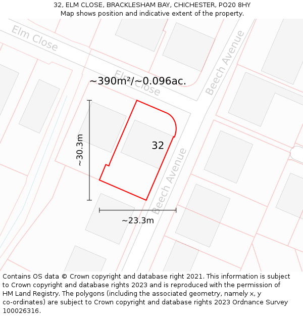 32, ELM CLOSE, BRACKLESHAM BAY, CHICHESTER, PO20 8HY: Plot and title map