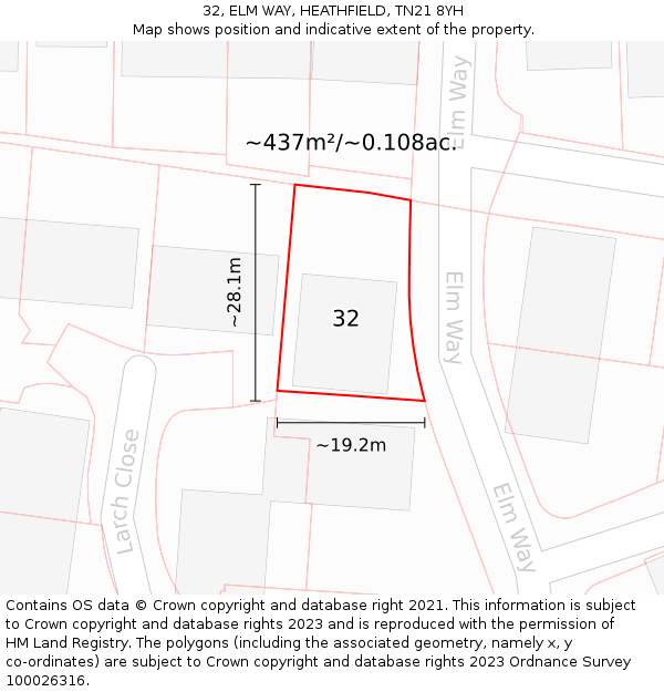 32, ELM WAY, HEATHFIELD, TN21 8YH: Plot and title map