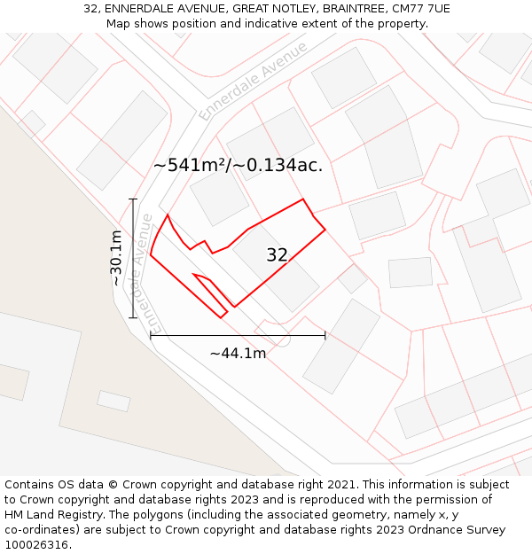 32, ENNERDALE AVENUE, GREAT NOTLEY, BRAINTREE, CM77 7UE: Plot and title map