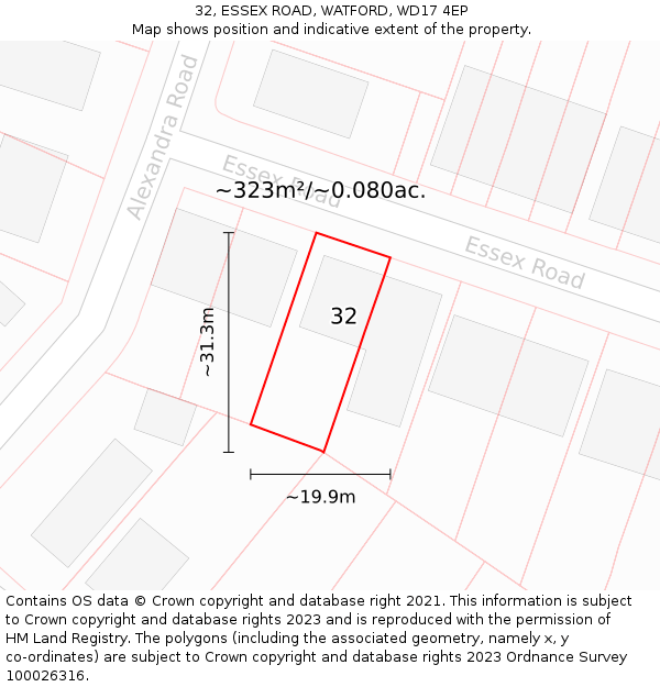 32, ESSEX ROAD, WATFORD, WD17 4EP: Plot and title map