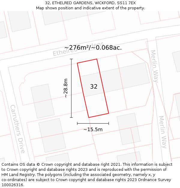 32, ETHELRED GARDENS, WICKFORD, SS11 7EX: Plot and title map