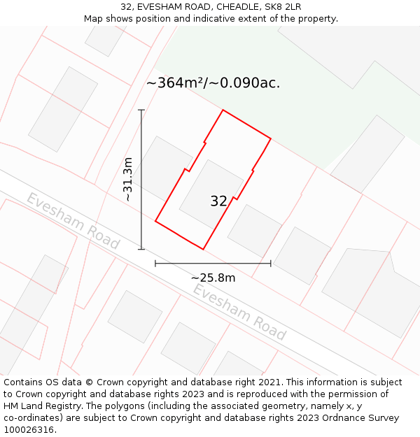 32, EVESHAM ROAD, CHEADLE, SK8 2LR: Plot and title map