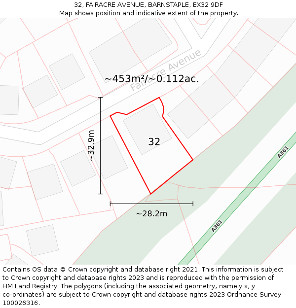 32, FAIRACRE AVENUE, BARNSTAPLE, EX32 9DF: Plot and title map