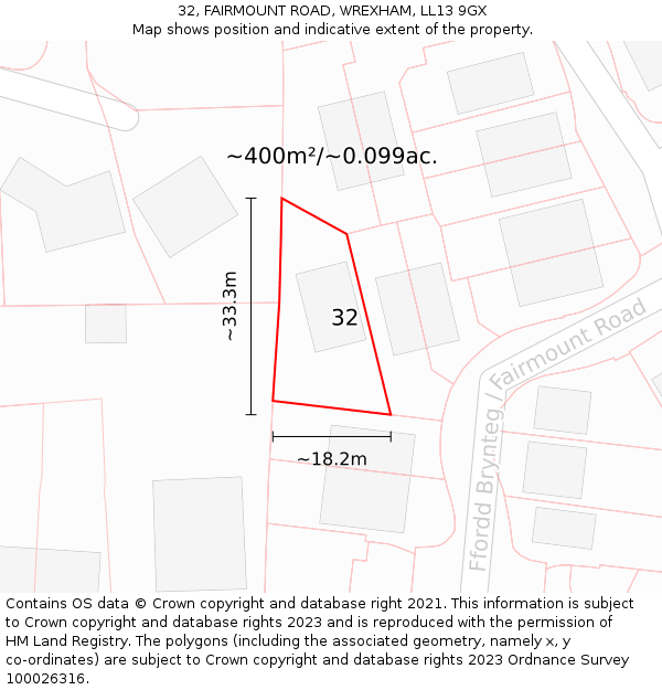 32, FAIRMOUNT ROAD, WREXHAM, LL13 9GX: Plot and title map