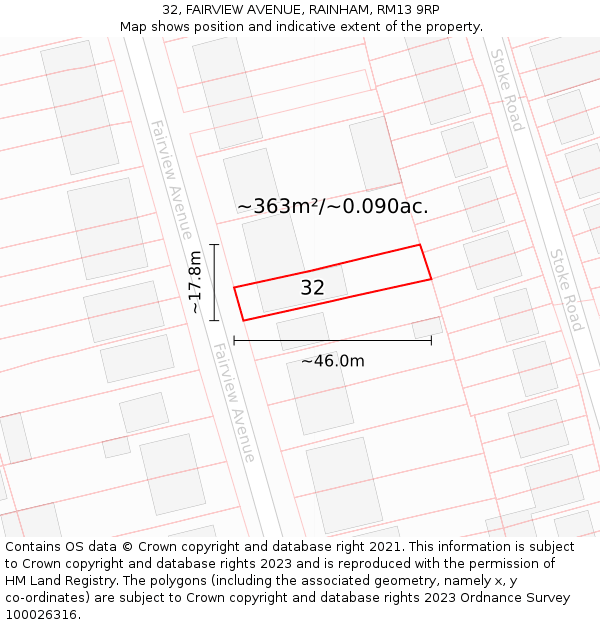 32, FAIRVIEW AVENUE, RAINHAM, RM13 9RP: Plot and title map