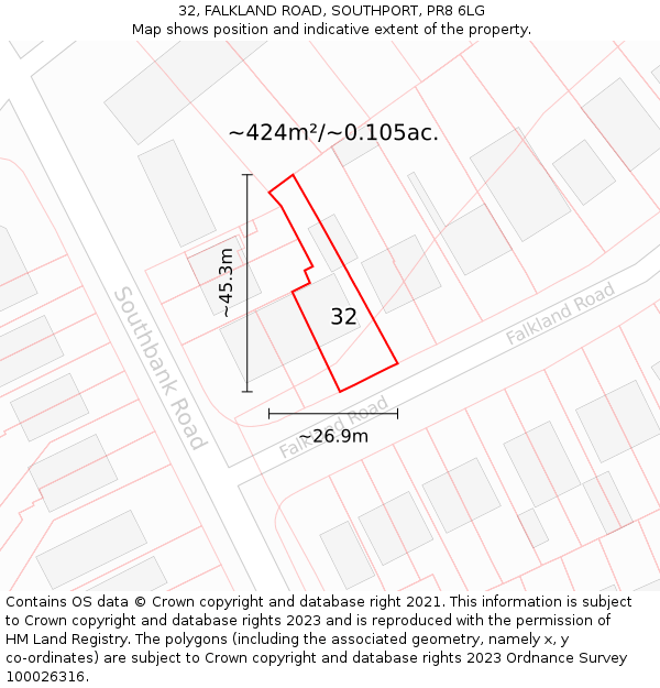 32, FALKLAND ROAD, SOUTHPORT, PR8 6LG: Plot and title map