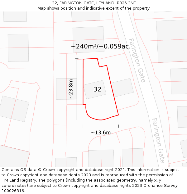 32, FARINGTON GATE, LEYLAND, PR25 3NF: Plot and title map