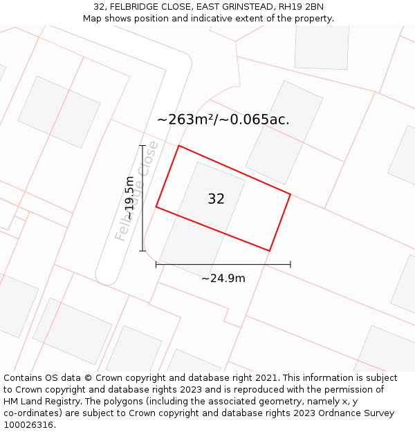 32, FELBRIDGE CLOSE, EAST GRINSTEAD, RH19 2BN: Plot and title map