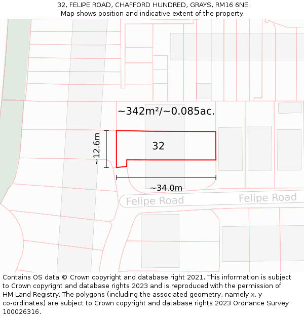 32, FELIPE ROAD, CHAFFORD HUNDRED, GRAYS, RM16 6NE: Plot and title map