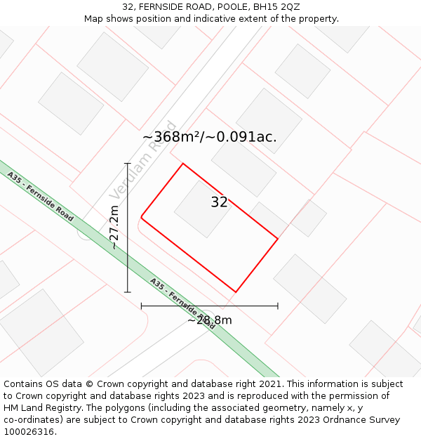 32, FERNSIDE ROAD, POOLE, BH15 2QZ: Plot and title map