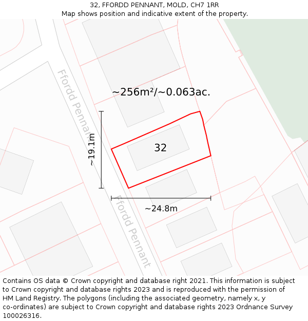 32, FFORDD PENNANT, MOLD, CH7 1RR: Plot and title map