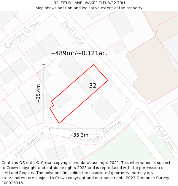 32, FIELD LANE, WAKEFIELD, WF2 7RU: Plot and title map