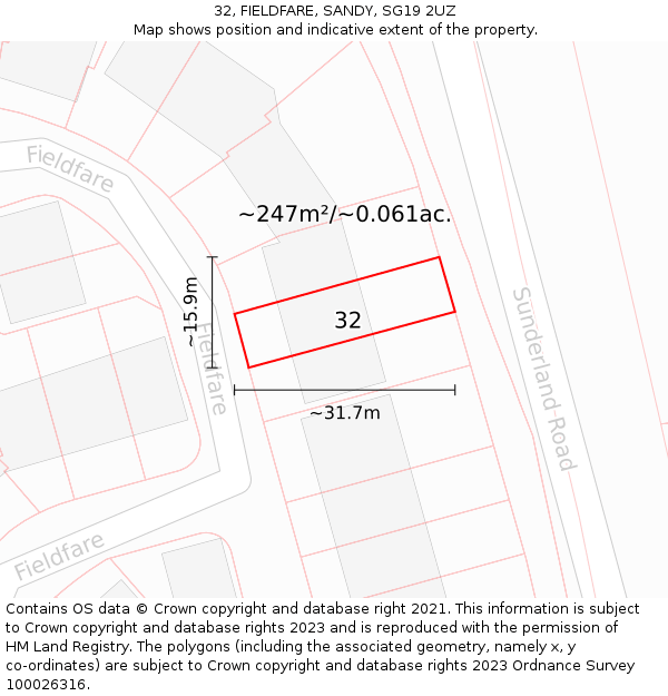 32, FIELDFARE, SANDY, SG19 2UZ: Plot and title map