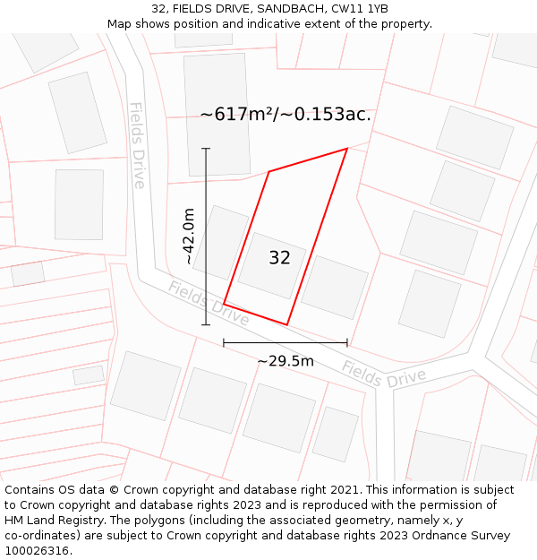 32, FIELDS DRIVE, SANDBACH, CW11 1YB: Plot and title map