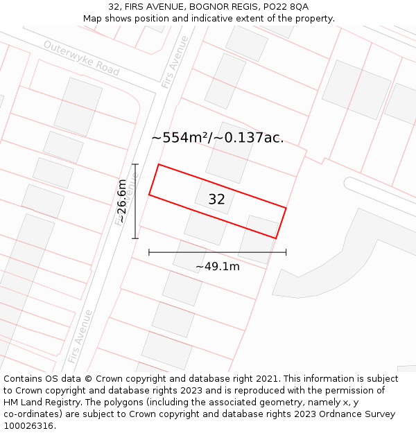 32, FIRS AVENUE, BOGNOR REGIS, PO22 8QA: Plot and title map