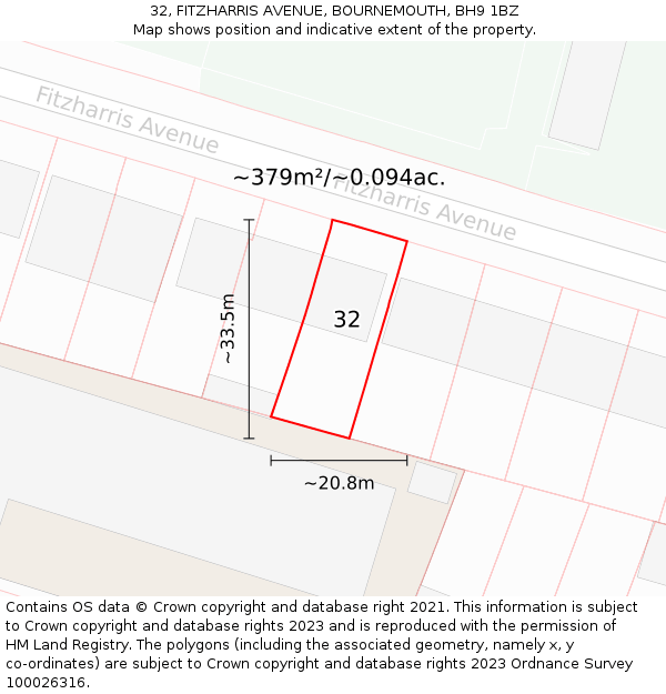 32, FITZHARRIS AVENUE, BOURNEMOUTH, BH9 1BZ: Plot and title map