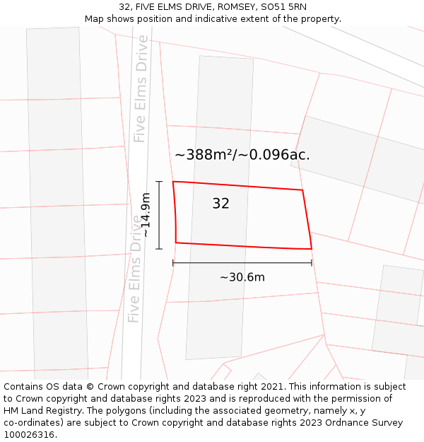 32, FIVE ELMS DRIVE, ROMSEY, SO51 5RN: Plot and title map