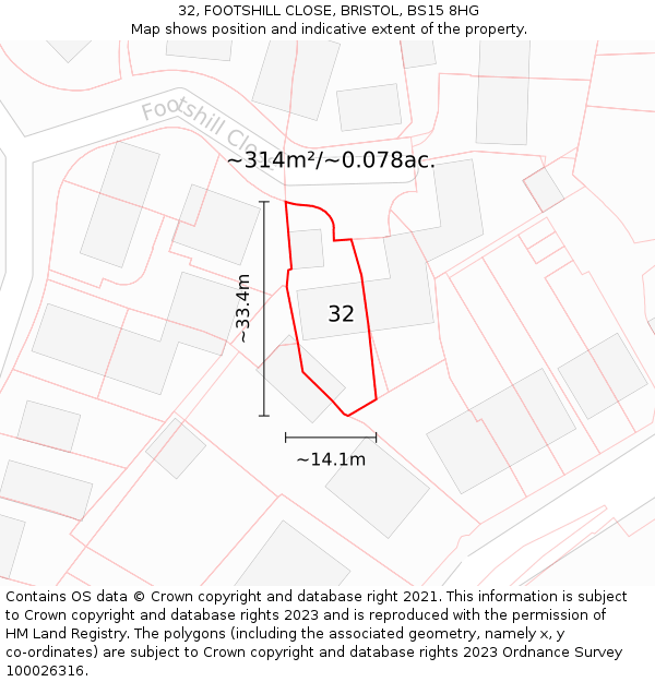 32, FOOTSHILL CLOSE, BRISTOL, BS15 8HG: Plot and title map