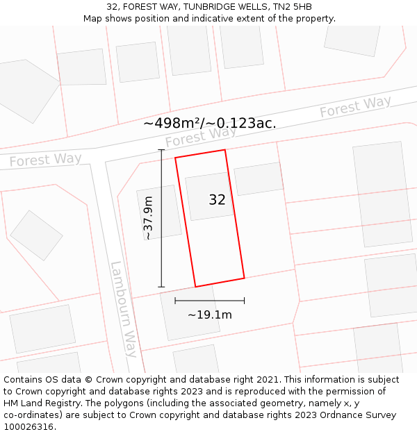 32, FOREST WAY, TUNBRIDGE WELLS, TN2 5HB: Plot and title map